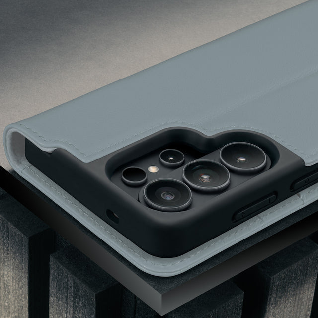 Camera cutout on the Light Blue Leather Stand Case for Galaxy S26 Ultra