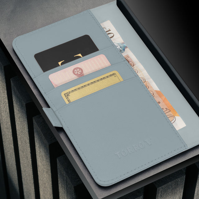 Card slots inside the Light Blue Leather Stand Case for Galaxy S26 Ultra