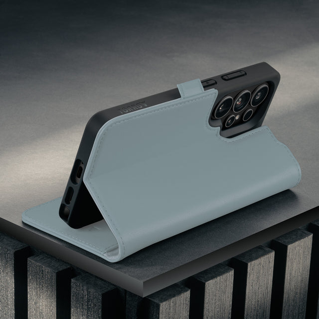 Stand function of the Light Blue Leather Stand Case for Galaxy S26 Ultra