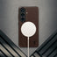 Wireless charger attached. tothe Dark Brown Leather Bumper Case for Galaxy S26+