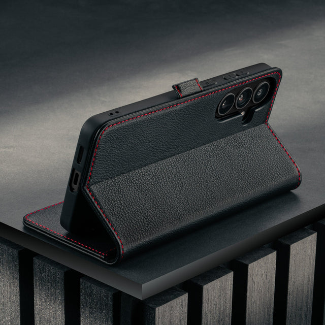 Stand feature of the Black with Red Detail Leather Stand Case for Galaxy S26+