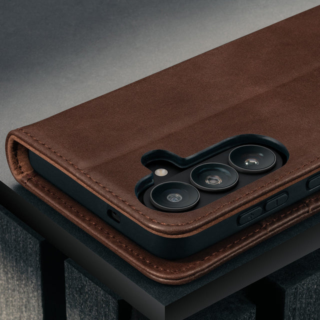 Camera cutout on the Dark Brown Leather Stand Case for Galaxy S26+