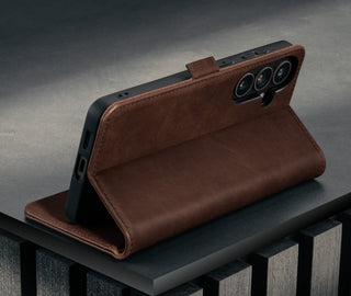 Stand feature of the Dark Brown Leather Stand Case for Galaxy S26+