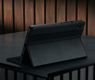 Stand function of the Black with Red Stitching Leather Case for Samsung Galaxy Tab A9