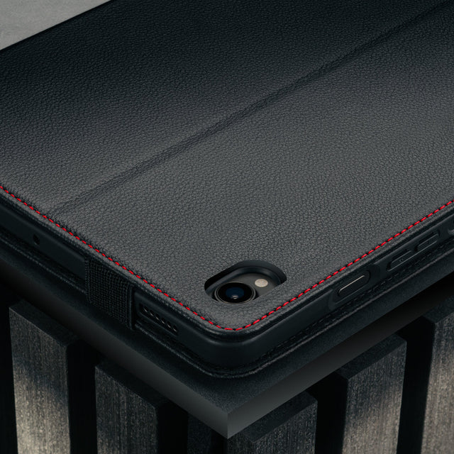 Camera cutout on the Black with Red Detail Leather Case for Galaxy Tab S11