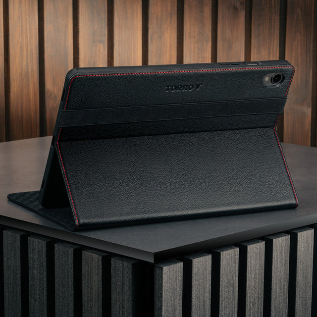 Stand function of the Black with Red Detail Leather Case for Galaxy Tab S11