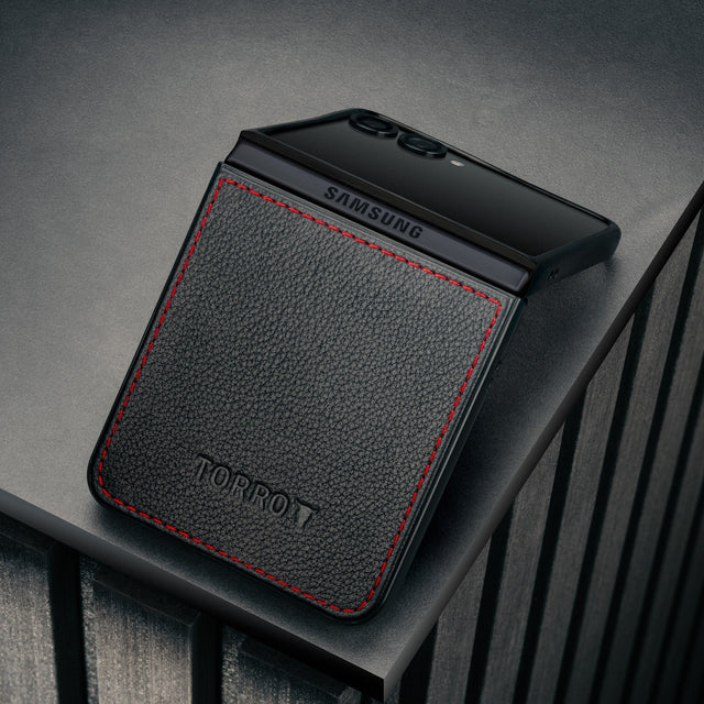 Black with Red Detail Leather Case for Galaxy  Flip7