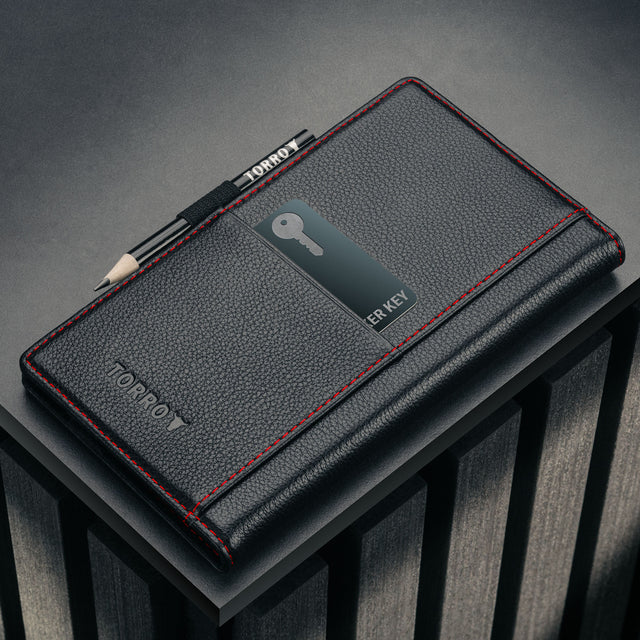 Card storage slot on the back of the Black with Red Detail Leather Golf Scorecard Holder