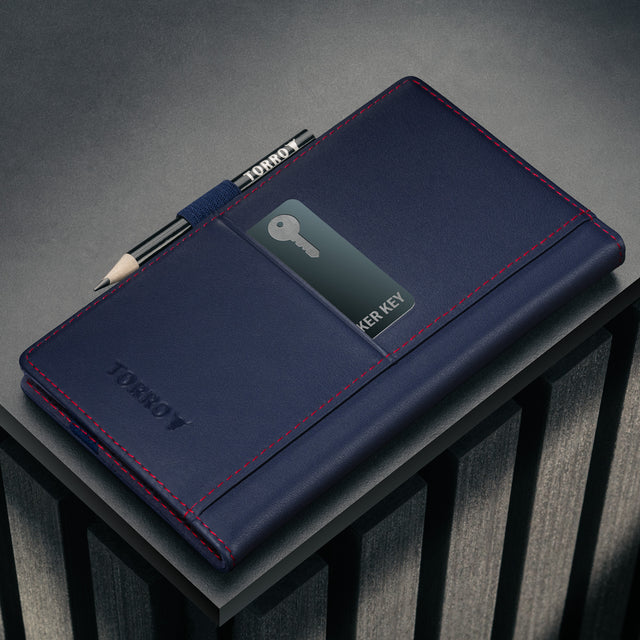 Card slot on the back of the TORRO Navy Blue with Red Detail Leather Golf Scorecard Holder