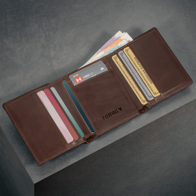 Card slots inside the Dark Brown Trifold Leather Wallet