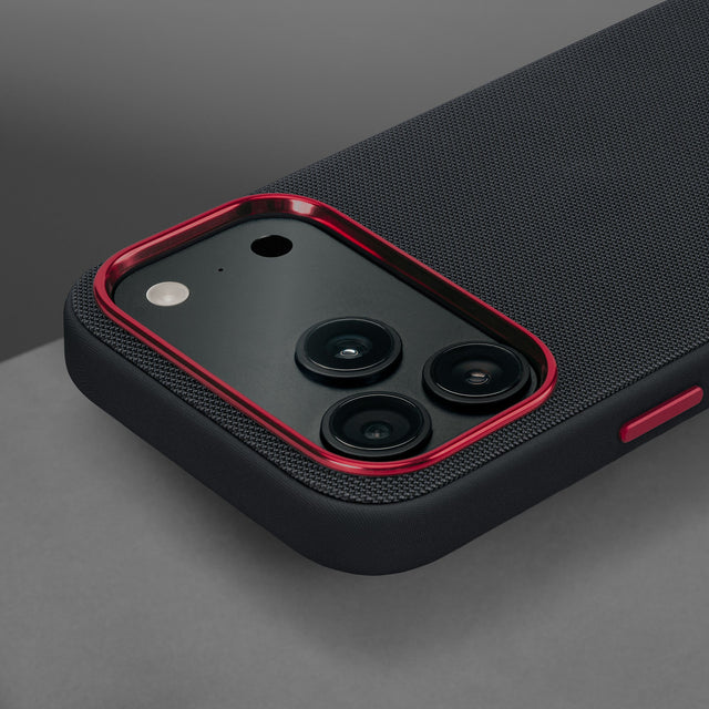 Metallic camera lip on the Black with Red Detail Woven Texture Bumper Case for iPhone 17 Pro