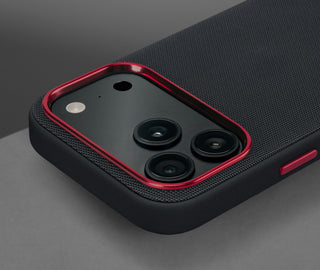 Metallic camera lip on the Black with Red Detail Woven Texture Bumper Case for iPhone 17 Pro