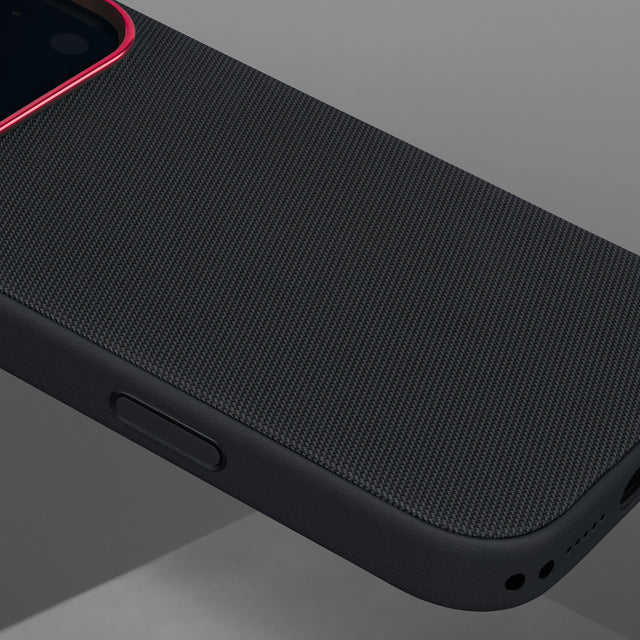 Close up of the Black with Red Detail Woven Texture Bumper Case for iPhone 17 Pro