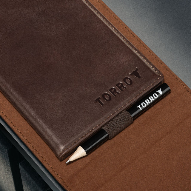 Magnetically attachable scorecard of the Dark Brown Leather Golf Scorecard & Yardage Book Holder