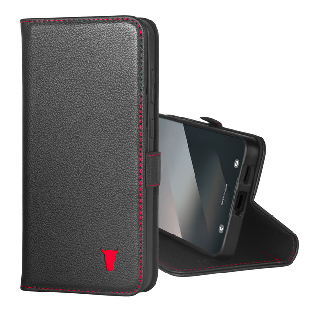Black with Red Detail Leather Case for Galaxy S25 FE